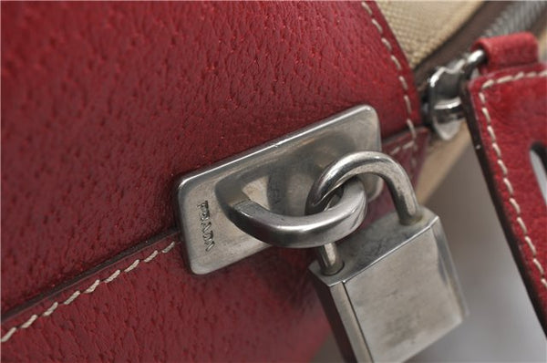 Authentic PRADA Canvas Leather Shoulder Hand Bag Beige Red 0502E