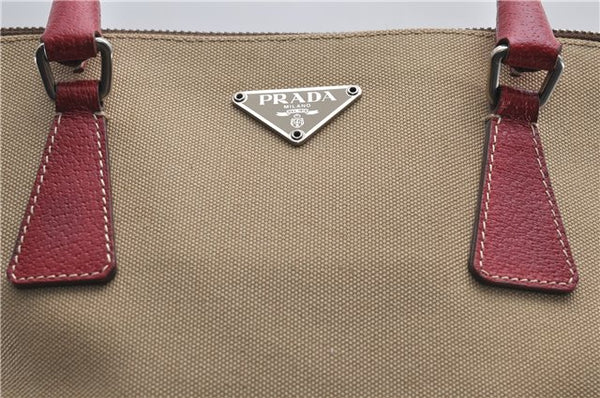 Authentic PRADA Canvas Leather Shoulder Hand Bag Beige Red 0502E