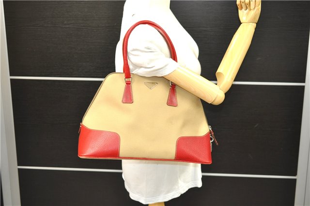 Authentic PRADA Canvas Leather Shoulder Hand Bag Beige Red 0502E