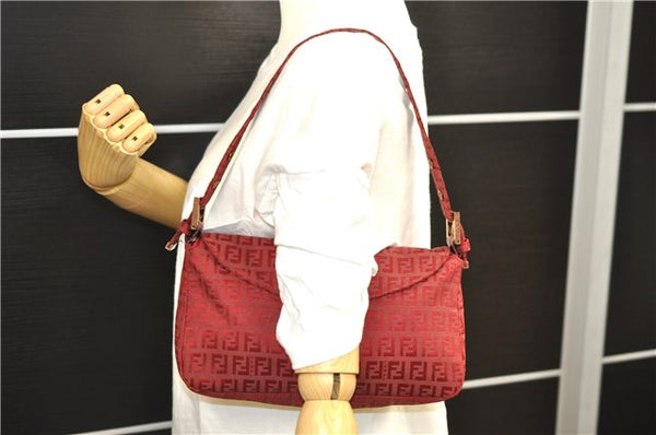 Authentic FENDI Zucchino Mamma Baguette Shoulder Bag Canvas Leather Red 0528D