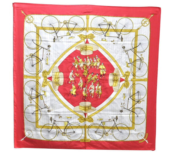 Authentic HERMES Carre 90 Scarf "LES BECANES" Silk Red 0532D