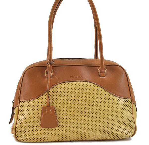 Authentic PRADA Punching Leather Shoulder Hand Bag Yellow Brown 0536D