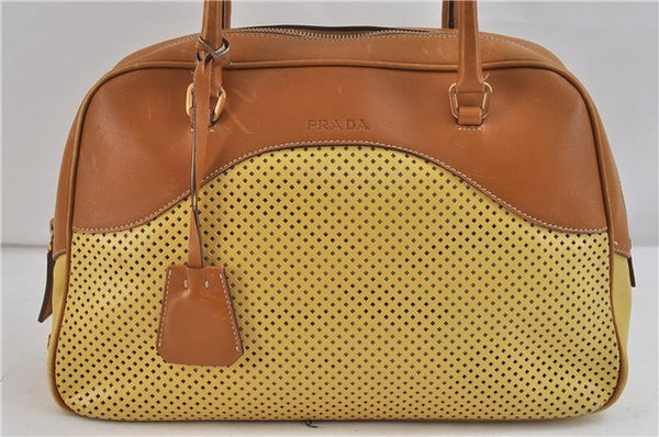 Authentic PRADA Punching Leather Shoulder Hand Bag Yellow Brown 0536D