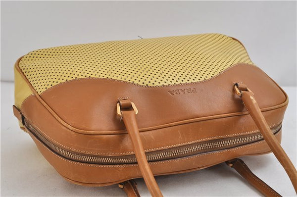 Authentic PRADA Punching Leather Shoulder Hand Bag Yellow Brown 0536D