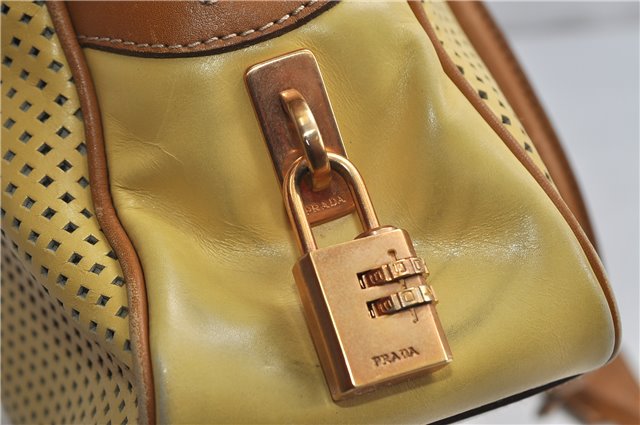 Authentic PRADA Punching Leather Shoulder Hand Bag Yellow Brown 0536D