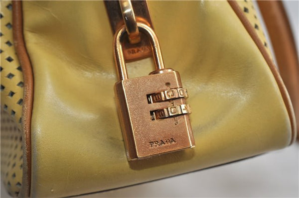 Authentic PRADA Punching Leather Shoulder Hand Bag Yellow Brown 0536D