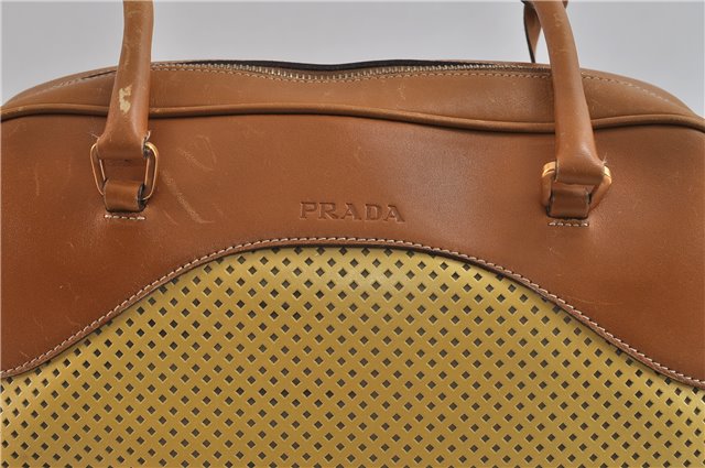 Authentic PRADA Punching Leather Shoulder Hand Bag Yellow Brown 0536D