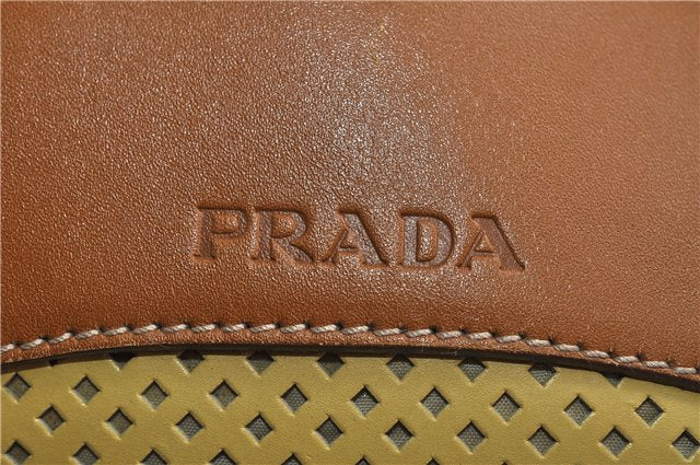 Authentic PRADA Punching Leather Shoulder Hand Bag Yellow Brown 0536D