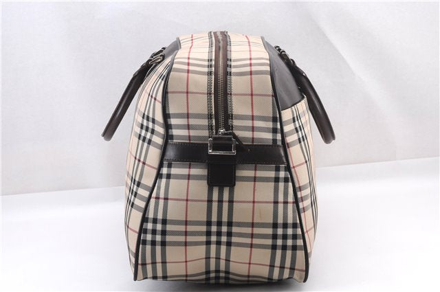 Authentic BURBERRY Nova Check Travel Boston Bag Canvas Leather Beige 0537F