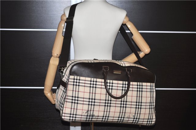 Authentic BURBERRY Nova Check Travel Boston Bag Canvas Leather Beige 0537F