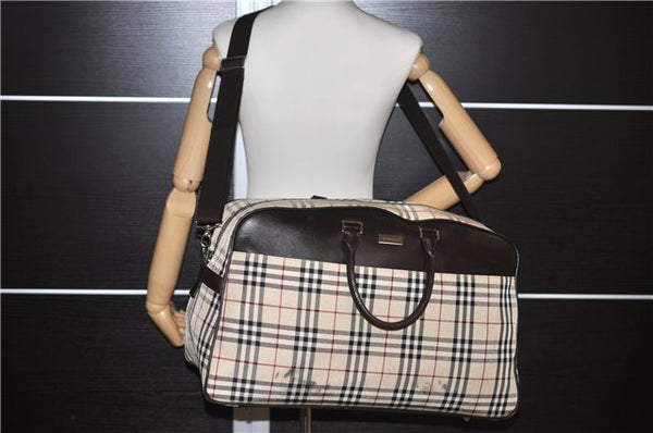 Authentic BURBERRY Nova Check Travel Boston Bag Canvas Leather Beige 0537F