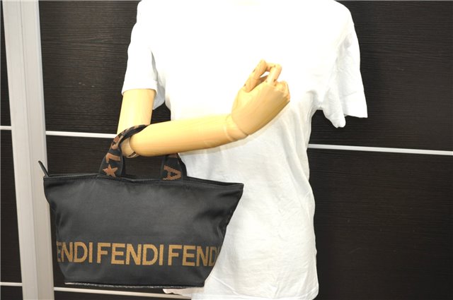 Authentic FENDI Nylon Leather Hand Bag Purse Black 0539D