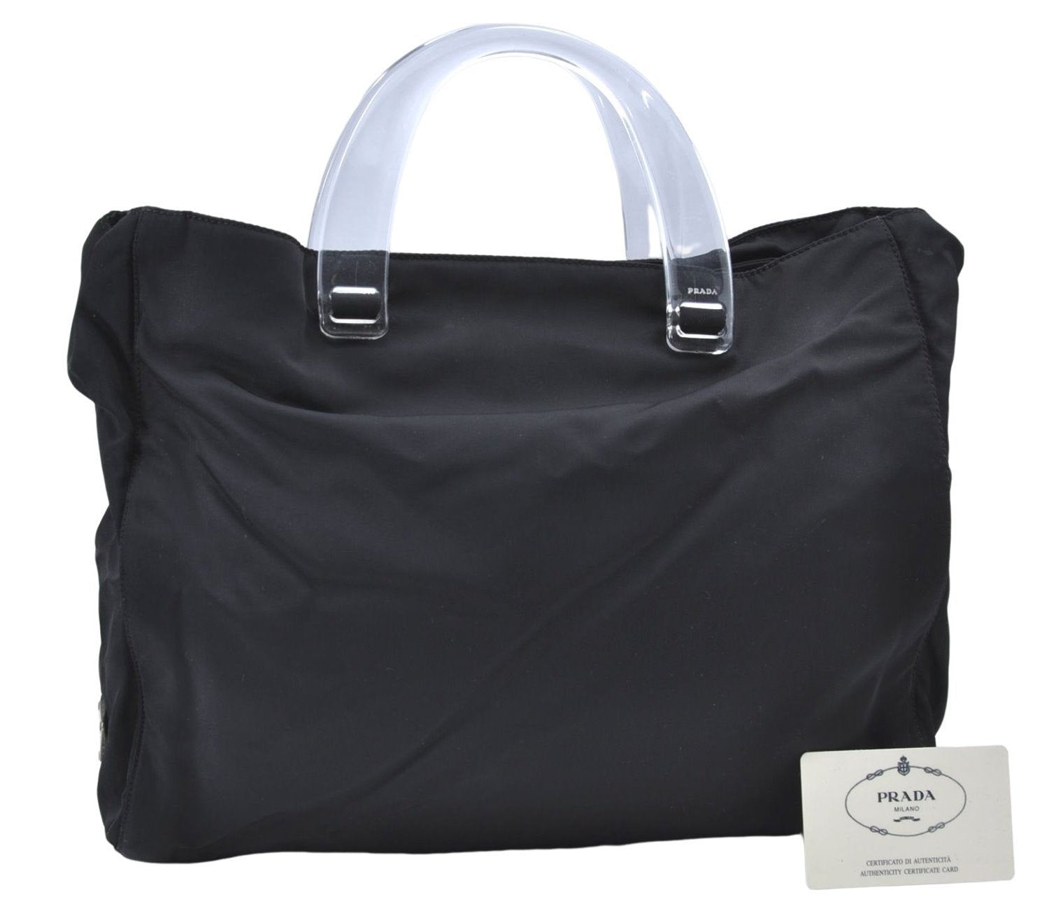 Authentic PRADA Nylon Tessuto Plex Plastic Tote Hand Bag B8166 Black 0539E