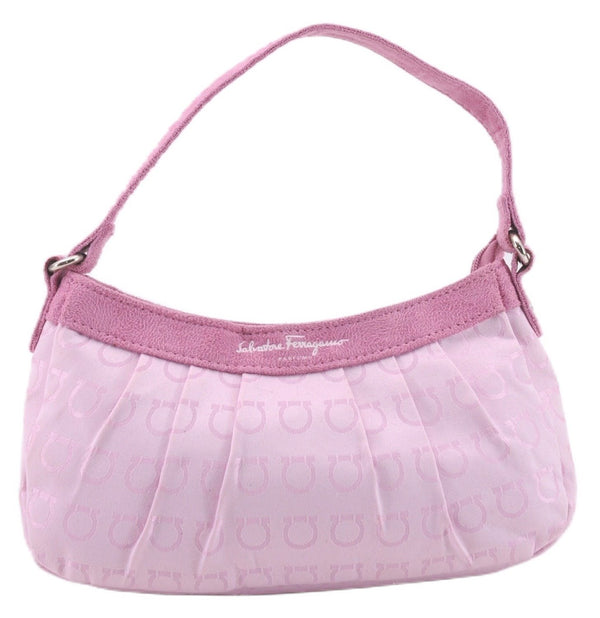 Authentic Salvatore Ferragamo PARFUMS Gancini Hand Bag Purse Nylon Pink 0542F