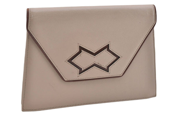 Authentic YVES SAINT LAURENT Clutch Bag Leather Beige Brown 0544B