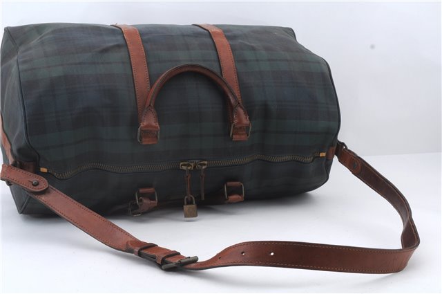 Auth POLO Ralph Lauren Vintage Check PVC Leather Travel Boston Bag Green 0547D