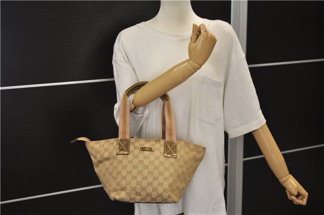 Authentic GUCCI Sherry Line Hand Bag GG Canvas Leather 131228 Beige Gold 0551E