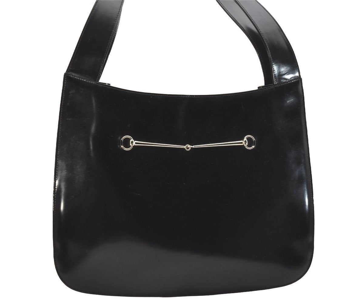 Authentic GUCCI Vintage Horsebit Shoulder Tote Bag Enamel Black Junk 0553I