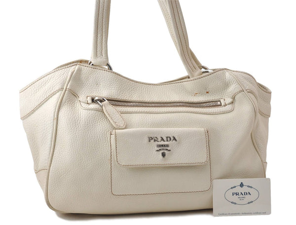 Authentic PRADA VIT DAINO Leather Shoulder Hand Bag B3601 Ivory 0574D