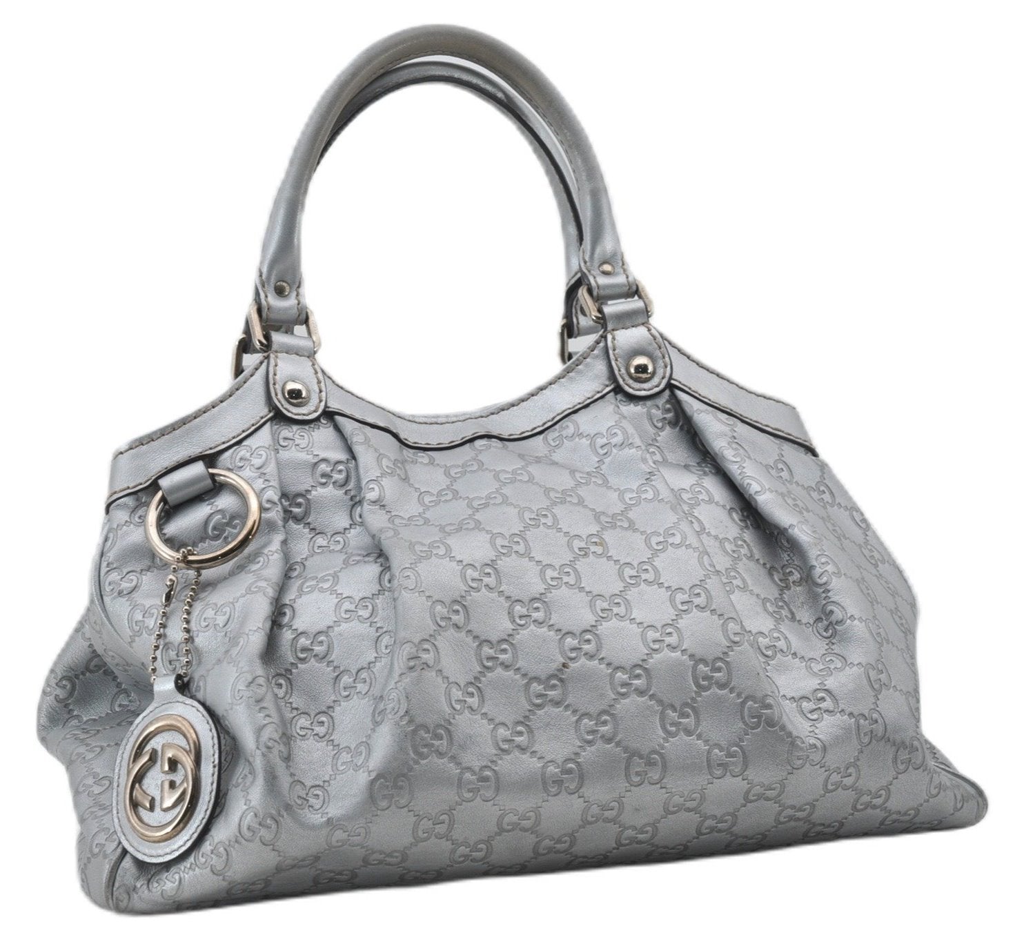 Authentic GUCCI Guccissima Sukey Tote Bag GG Leather 211944 Silver 0595F