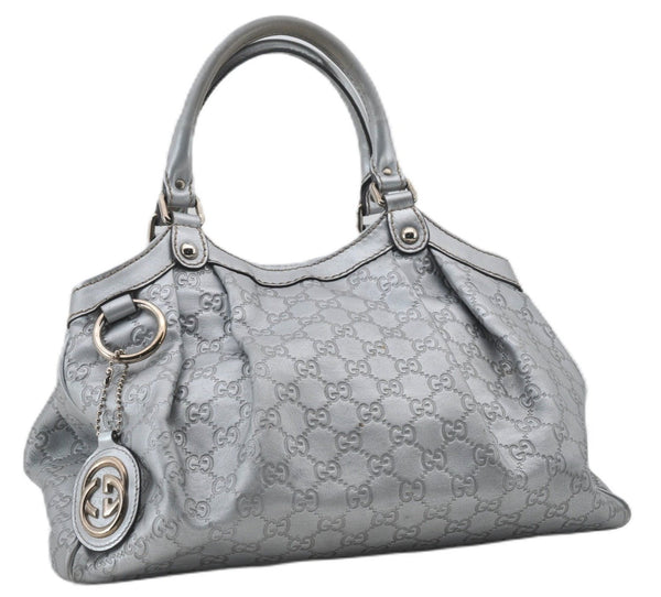 Authentic GUCCI Guccissima Sukey Tote Bag GG Leather 211944 Silver 0595F