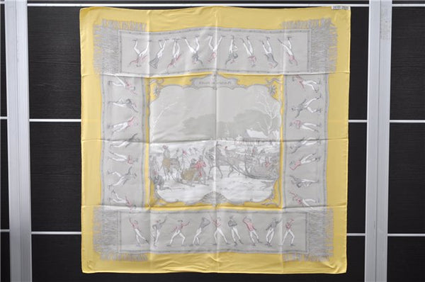 Authentic HERMES Carre 90 Scarf "PLAISIRS DU FROID" Silk Yellow 0606F