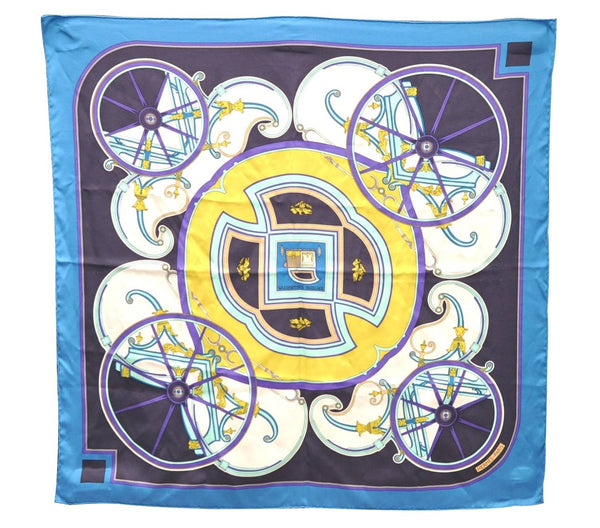 Authentic HERMES Carre 65 Scarf "WASHINGTON'S CARRIAGE" Silk Blue Box 0625D