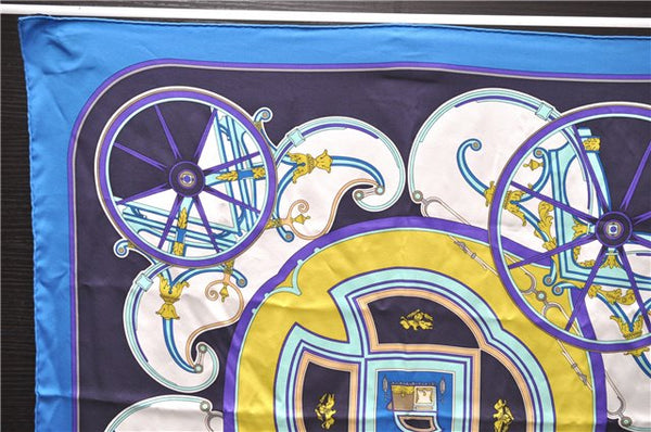 Authentic HERMES Carre 65 Scarf "WASHINGTON'S CARRIAGE" Silk Blue Box 0625D