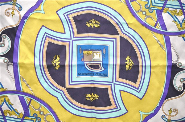 Authentic HERMES Carre 65 Scarf "WASHINGTON'S CARRIAGE" Silk Blue Box 0625D