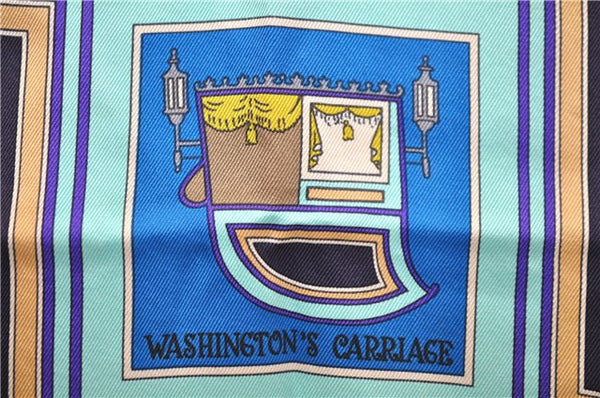 Authentic HERMES Carre 65 Scarf "WASHINGTON'S CARRIAGE" Silk Blue Box 0625D