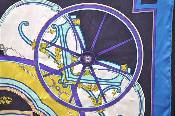 Authentic HERMES Carre 65 Scarf "WASHINGTON'S CARRIAGE" Silk Blue Box 0625D