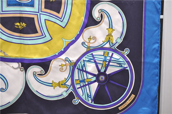Authentic HERMES Carre 65 Scarf "WASHINGTON'S CARRIAGE" Silk Blue Box 0625D