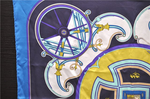 Authentic HERMES Carre 65 Scarf "WASHINGTON'S CARRIAGE" Silk Blue Box 0625D