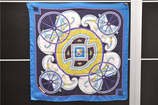 Authentic HERMES Carre 65 Scarf "WASHINGTON'S CARRIAGE" Silk Blue Box 0625D