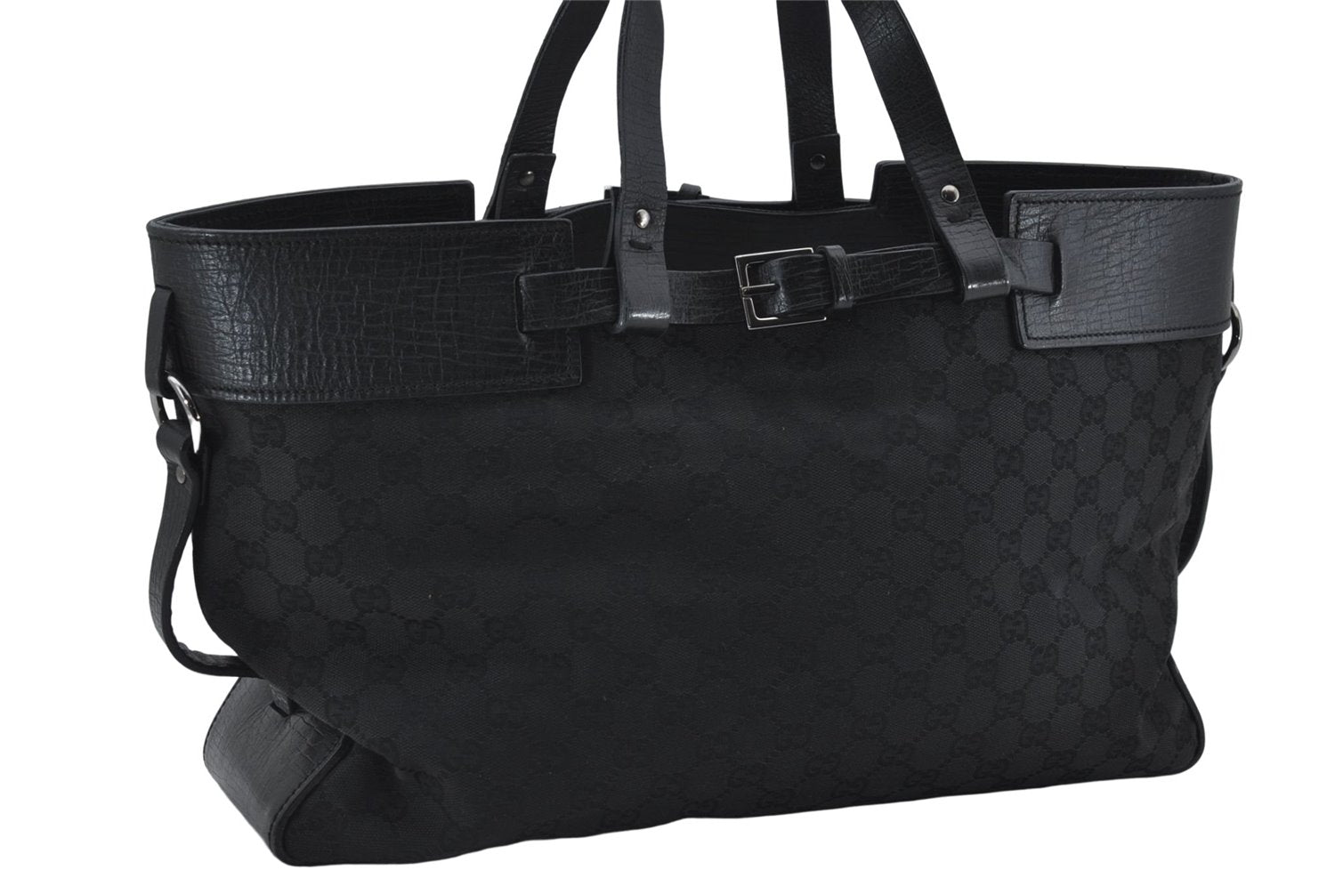 Authentic GUCCI Shoulder Tote Hand Bag GG Canvas Leather 106251 Black 0627E