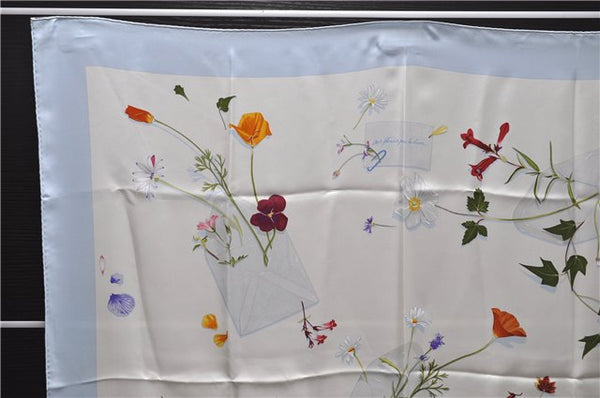 Authentic HERMES Carre 90 Scarf "Des fleurs pour le dire" Silk Light Blue 0628D