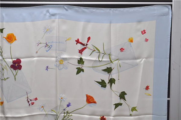 Authentic HERMES Carre 90 Scarf "Des fleurs pour le dire" Silk Light Blue 0628D