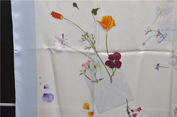 Authentic HERMES Carre 90 Scarf "Des fleurs pour le dire" Silk Light Blue 0628D