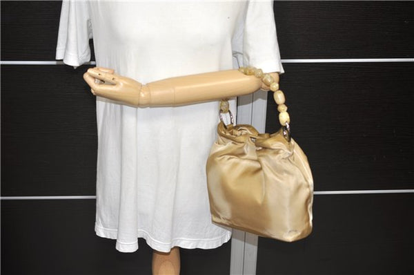 Authentic Christian Dior Maris Pearl Hand Bag Purse Nylon Beige CD 0638D