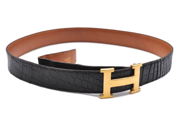 Authentic HERMES Porosus Design Ladies Leather Belt Size 85cm 33.5" Black 0648D