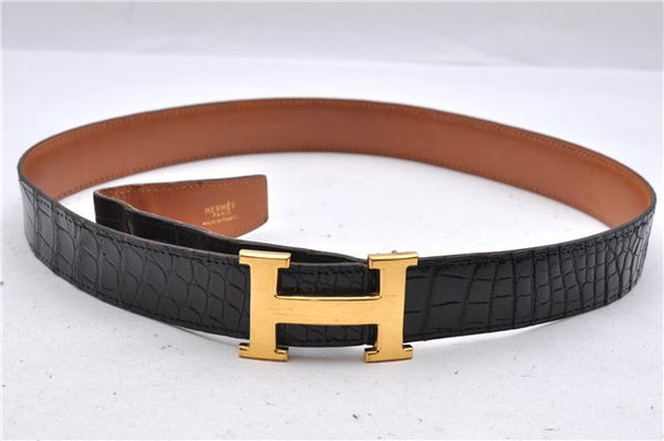 Authentic HERMES Porosus Design Ladies Leather Belt Size 85cm 33.5" Black 0648D