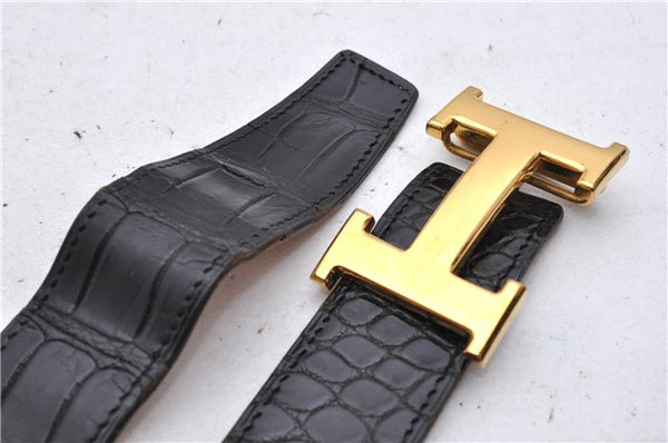 Authentic HERMES Porosus Design Ladies Leather Belt Size 85cm 33.5" Black 0648D
