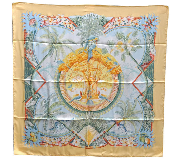 Authentic HERMES Carre 90 Scarf "ALOHA" Silk Orange Box 0656D