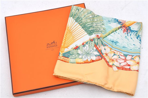 Authentic HERMES Carre 90 Scarf "ALOHA" Silk Orange Box 0656D