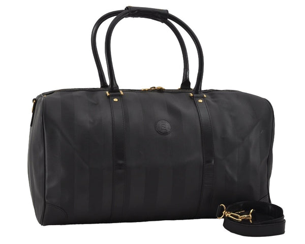 Authentic FENDI Pequin Pattern PVC Leather 2Way Travel Boston Bag Black 0661I