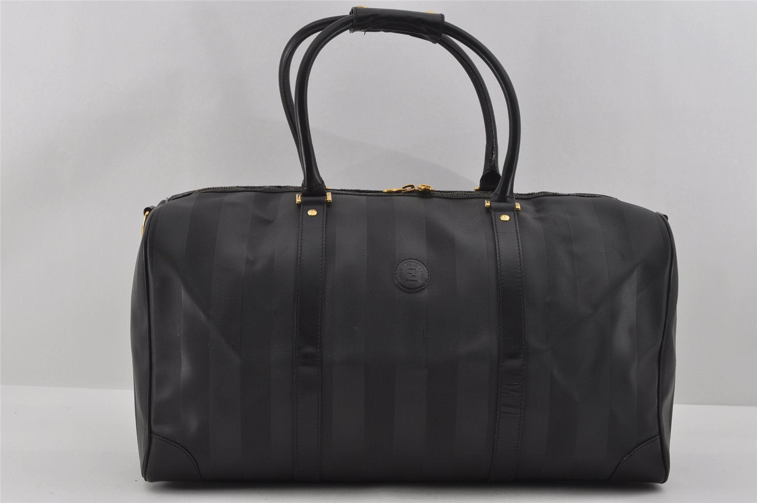 Authentic FENDI Pequin Pattern PVC Leather 2Way Travel Boston Bag Black 0661I