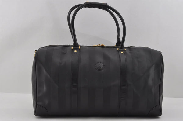 Authentic FENDI Pequin Pattern PVC Leather 2Way Travel Boston Bag Black 0661I