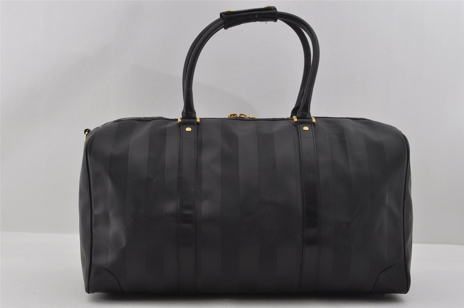 Authentic FENDI Pequin Pattern PVC Leather 2Way Travel Boston Bag Black 0661I
