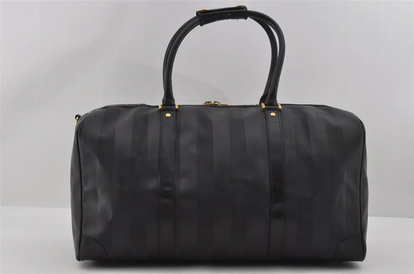 Authentic FENDI Pequin Pattern PVC Leather 2Way Travel Boston Bag Black 0661I