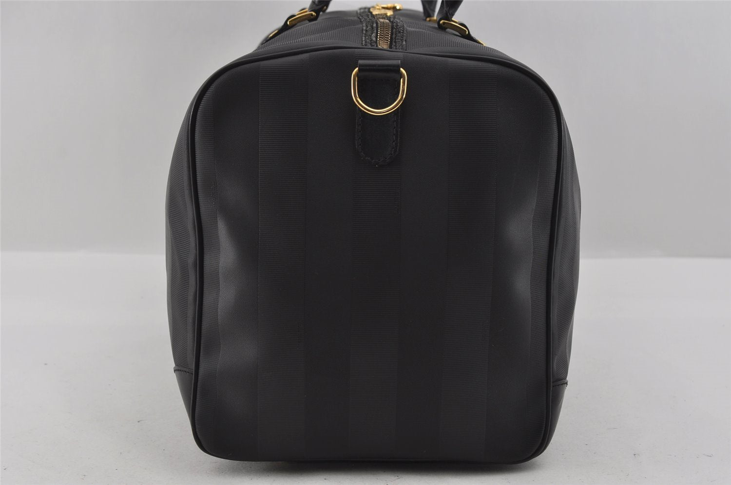 Authentic FENDI Pequin Pattern PVC Leather 2Way Travel Boston Bag Black 0661I